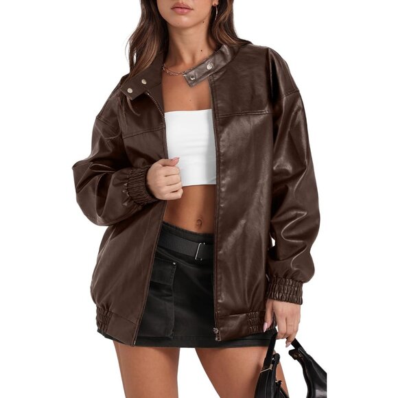 Women's Faux Leather Jacket Oversized B Black Bomber Coat Fall Winter Outfits - Picture 1 of 4